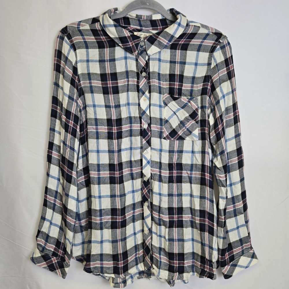Pink Rose Long Sleeve Plaid Button-Down Shirt, Casual Grunge Fall Spring, Large
